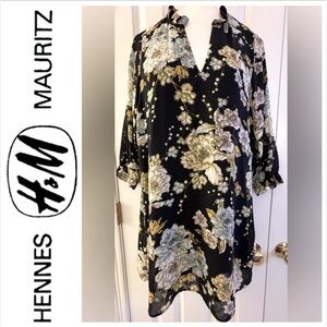 H&M Dress floral V-neck ruffle lined sheer sleeves blue yellow lightweight 14